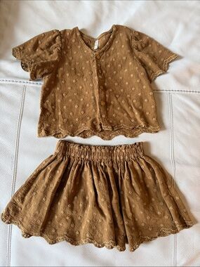 Rylee + Cru Brown Eyelet Skirt and Button-Front Top Set